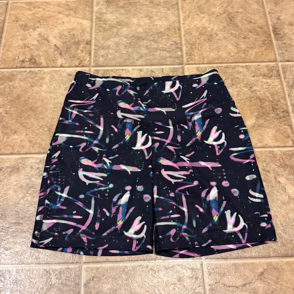 Zelos Womens High Rise Abstract Print Athletic Biker Shorts Navy Pink Medium